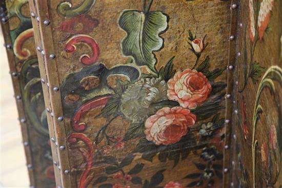 A 19th century Spanish painted leather six-fold leather screen, H. 6ft 4.5in.